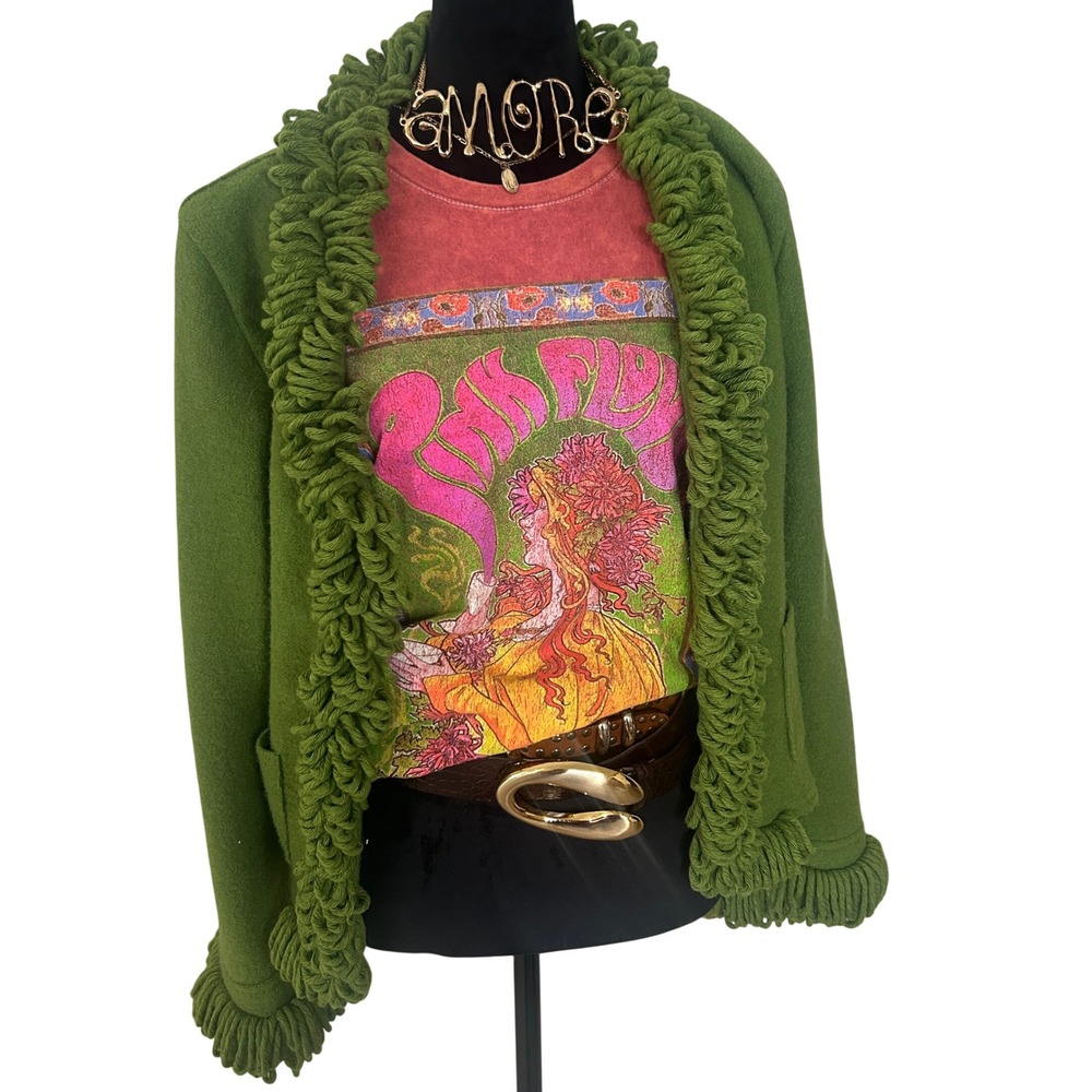 Lisa International Cardigan Wmn L Green Boiled Wool Loopy Fringe Sweater Y2K 90s